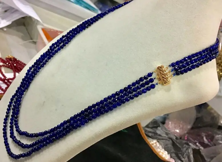 

3 Row Faceted 4mm Dark Blue Sapphire Round Gemstone Beads Necklace