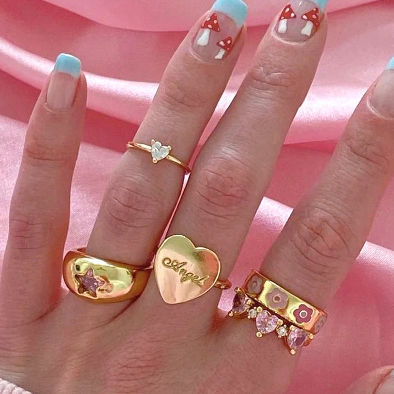 

90s Aesthetic Heart Angel Letter Ring for Women Y2K Jewelry Cute Fashion Vintage Punk Charm INS Ring Friends Gifts Wholesale New