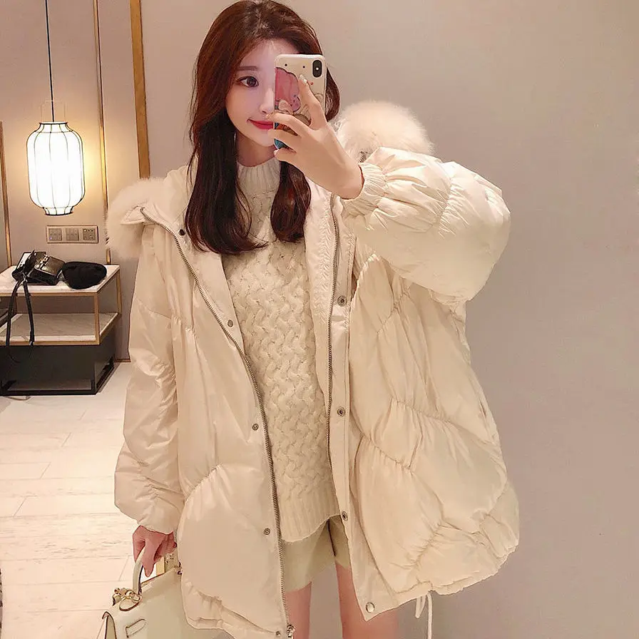 Женский длинный пуховик с капюшоном мягкая Свободная куртка на белом утином пуху