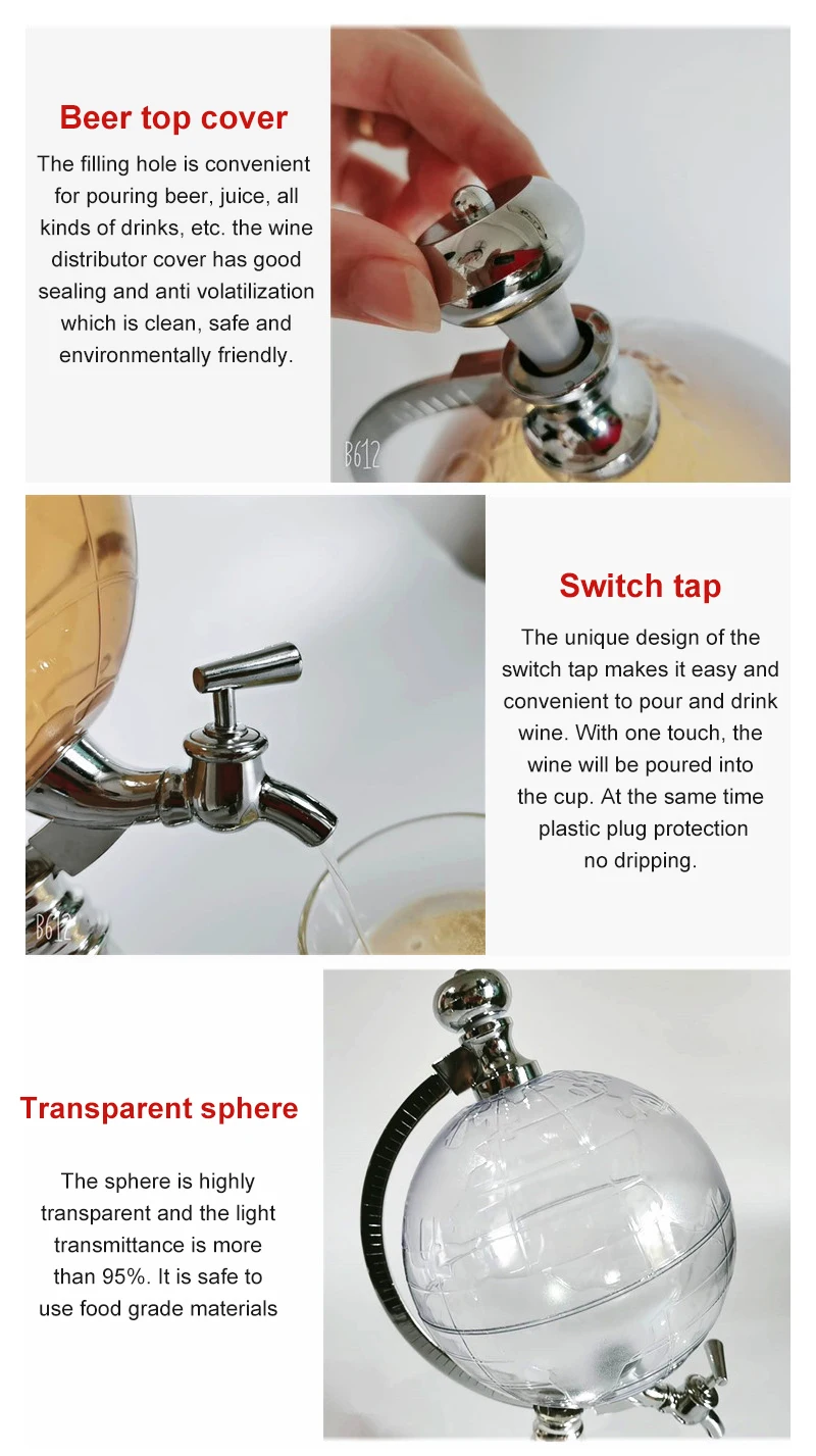 

High Quality Novelty Globe Shaped Beverage Liquor Dispenser Drink Wine Beer Pump Single Canister Pump Bar Wine Dispenser