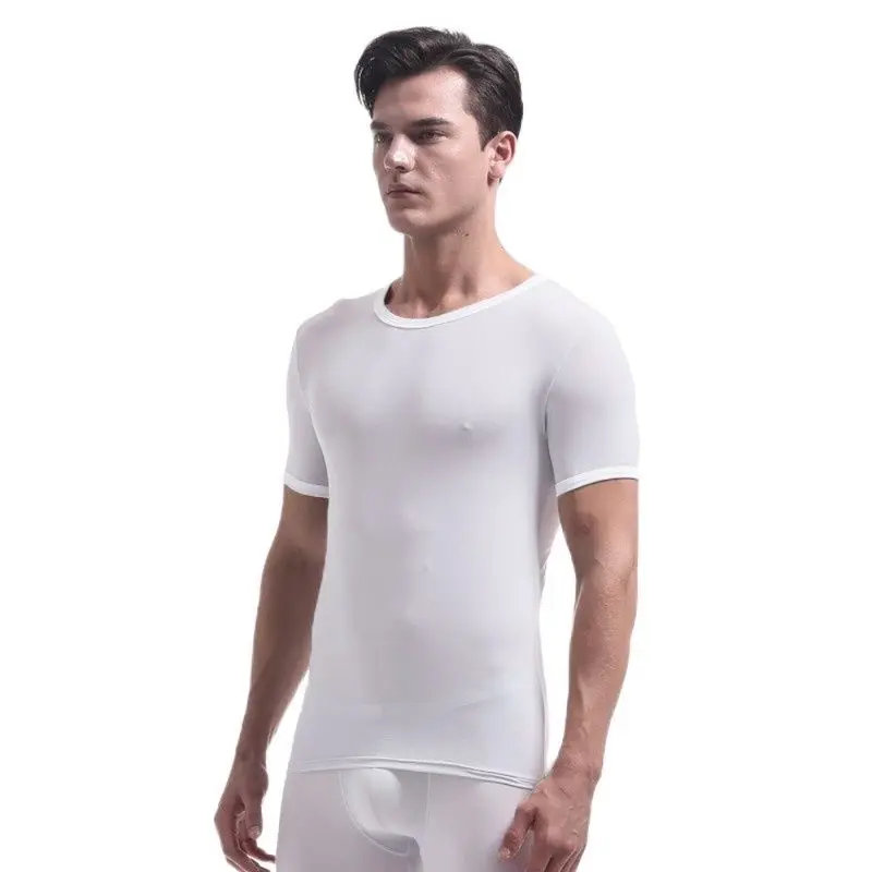 Mens Ice Silk Ultra-Thin Short-Sleeved T-Shirt Sexy Translucent Tight Smooth Shape Body Camiseta Funny T Shirts Camisetas Hombre | Мужская