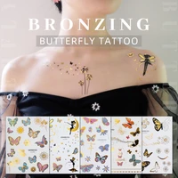 gold flash 3d body art water transfer waterproof temporary tattoo sticker for women girls butterfly flower arm fake tattoos