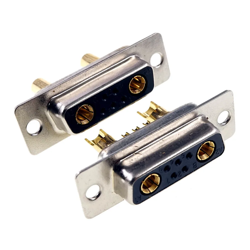 D-Sub Connector 30 AMP Current 7 Power Position 5+2 Combo Receptacle Socket Machined Pin 7W2 Gold Flash Panel Mount Wire Solder |