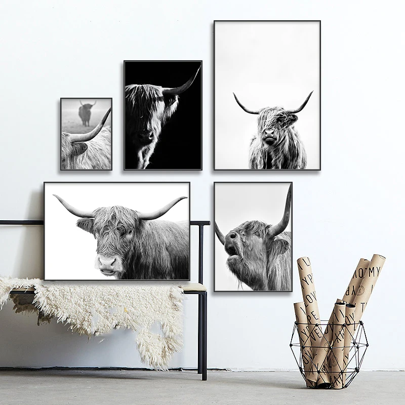 Настенная Картина на холсте Highland Cow Black White постеры с принтом крупного рогатого