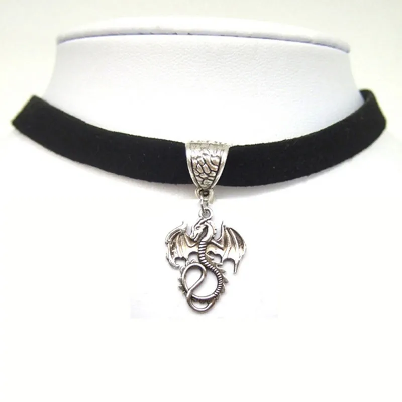 

Античный серебряный цвет Дракон Шарм кулон черный искусственный замшевый, кожаный Чокер Ожерелье
