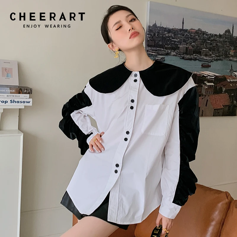 

CHEERART Peter Pan Collar White Shirt Blouse Women Button Up Shirt Patchwork Long Sleeve Top Ruffle Collared Shirt Fall Fashion