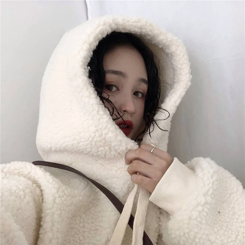 

Autumn Winter Lamb Plush Warm Ladies Pullover Solid Color White Plus Velvet Thickening Casual Loose Lantern Sleeve Women Hoodie