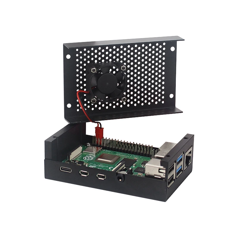 Алюминиевый Чехол Raspberry Pi 4 корпус из серебристого и черного металла | Вентилятор