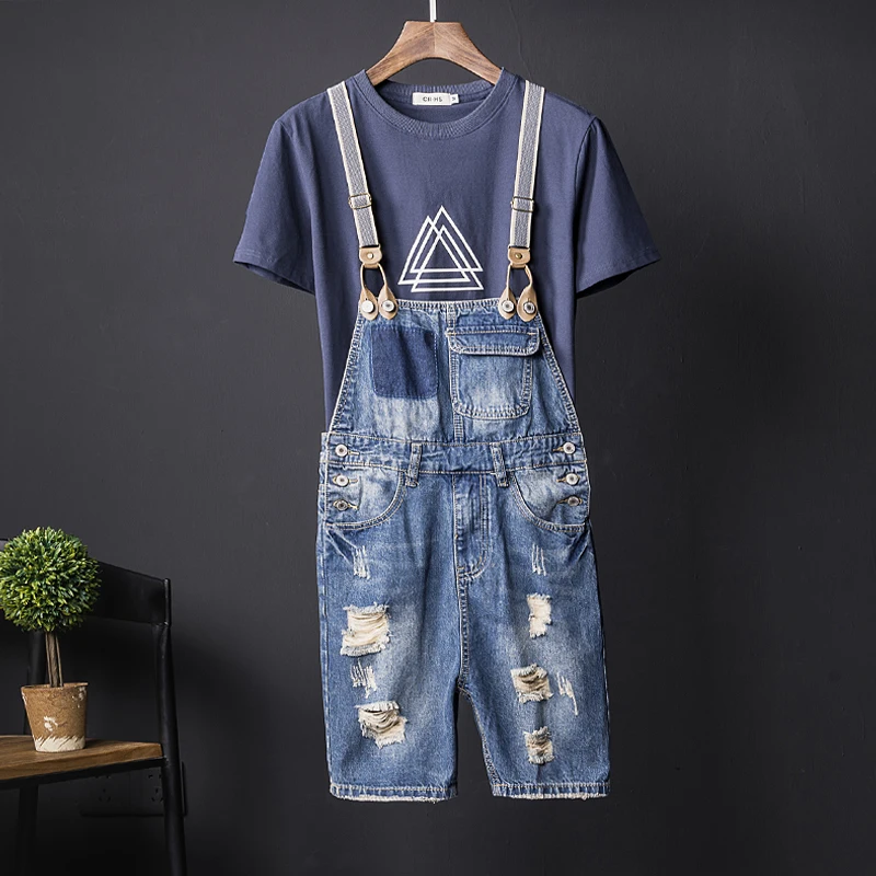 Boys Summer Casual Denim Shorts Knee Length Jumpsuits Hole Ripped Jeans Zipper Mens Streetwear Washed Suspenders | Мужская одежда
