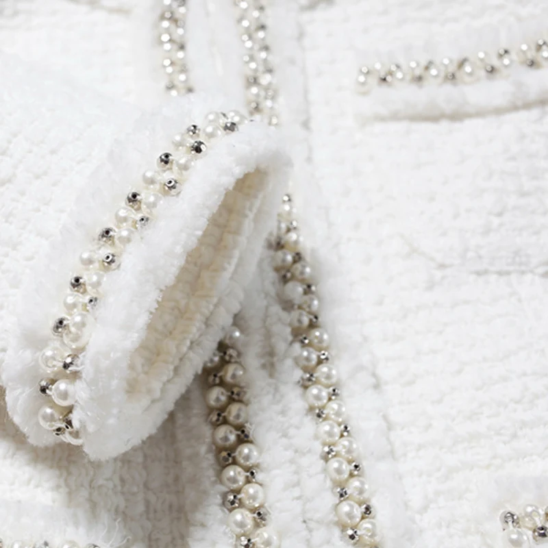 

White tweed women jacket Hand-made beads spring / autumn / winter woolen coat new Wool classic jacket Ladies