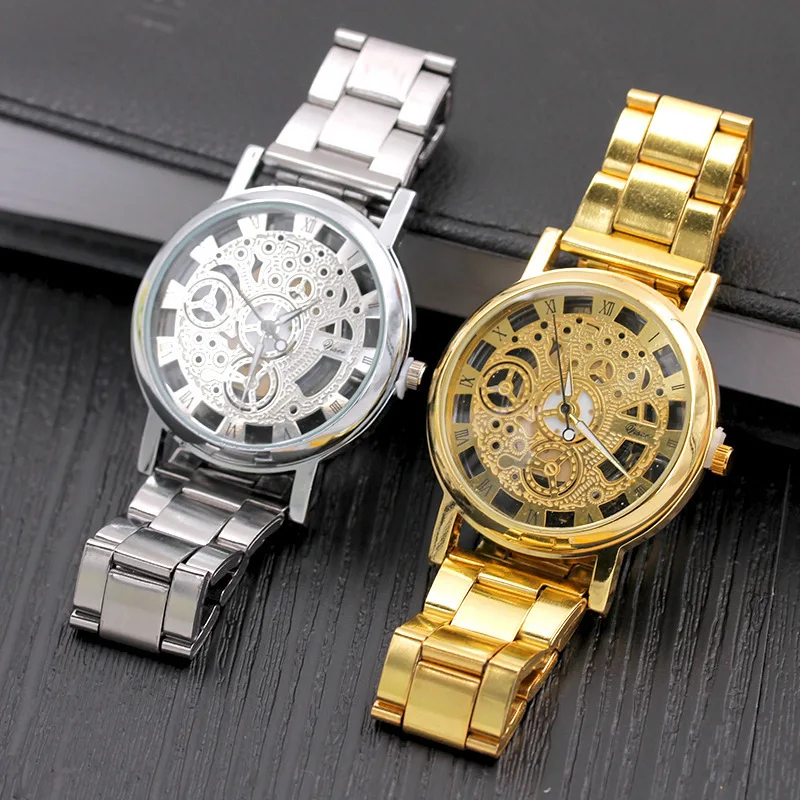 

Fashion Business Skeleton Watch Men Engraving Hollow Reloj Hombre Dress Quartz watch stainless steel Band Clock Watch Relojes Mu