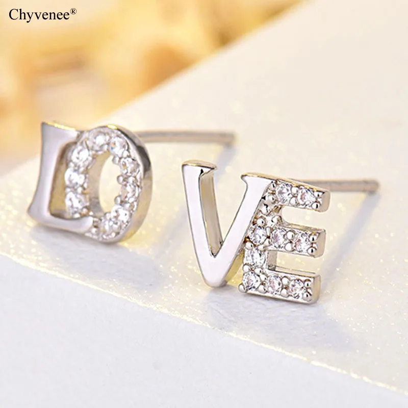 

Chic Asymmetric Love Letter Stud Earrings Korean Silver Color Small Earrings for Women Crystal Jewelry Trend Female Brincos