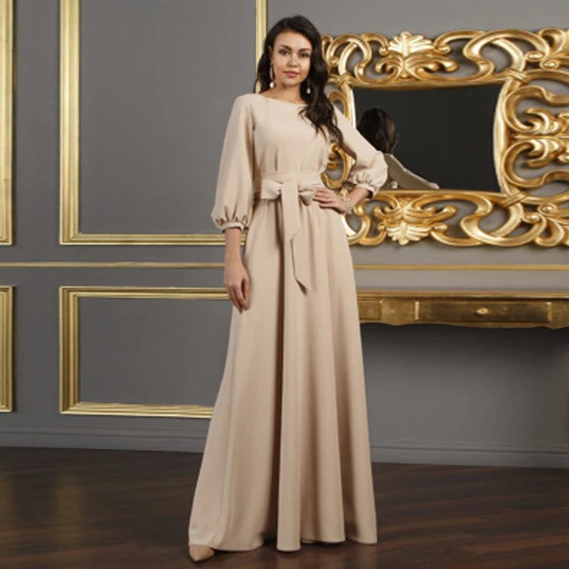 

Vintage Bow Tie Long Pink Dress Women Lantern Sleeve Elegant Frenulum Dress 2020 Autumn New Solid O Neck Boho Floor Length Dress