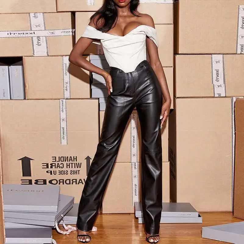 

Fashion Y2K Faux Leather Pants Women Straight Pockets Autumn Elegant High Waist Trousers Office Lady Slim Vintage Pants