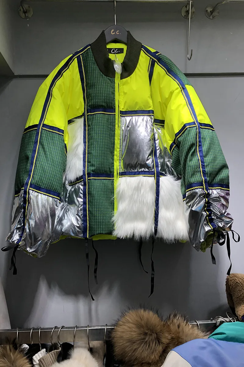 

Ladies cotton-padded jacket green stitching woolen check color down jacket plus size street white duck down bread jacket women