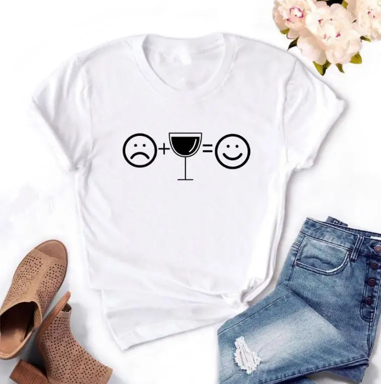 

Wine Glass Smile Print T Shirt Women Short Sleeve O Neck Loose Tshirt 2020 Summer Fashion Women Tee Shirt Tops Mujer