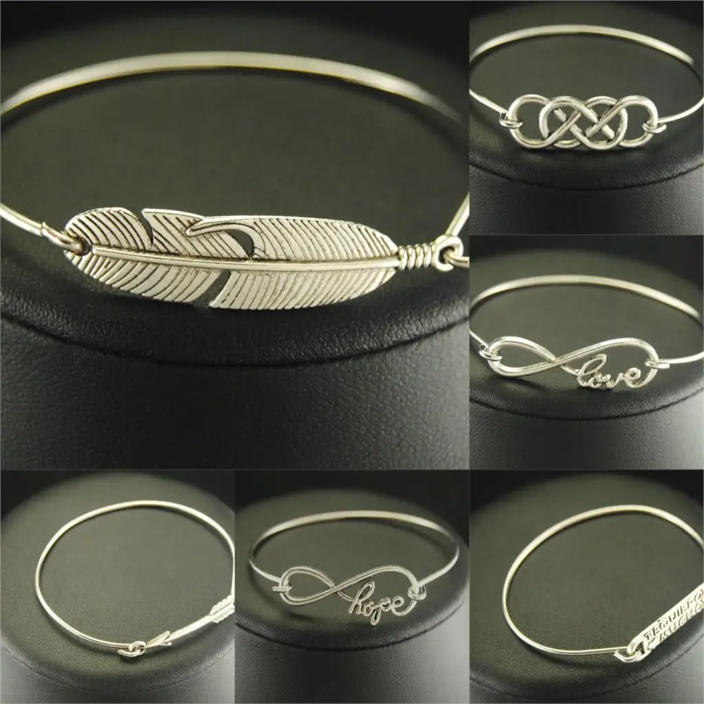

1pc Arrow Letter Feather Charms Expandable Adjustable Wire Bangle Braclet Gift For Women