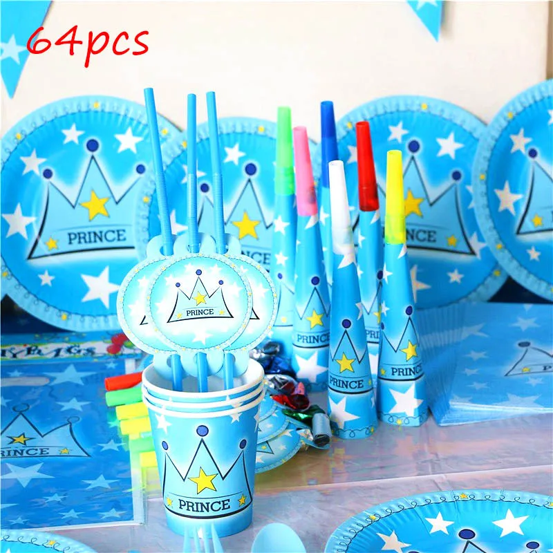 64 шт./лот синий принца с короной мультипликационным принтом на день рождения