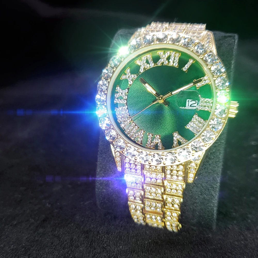 

MISSFOX Luxury Brand Watch Man's Green Round Dial Men Gold Watches Big Diamnd Bezel Calendar Stainless Steel Top Watch Male