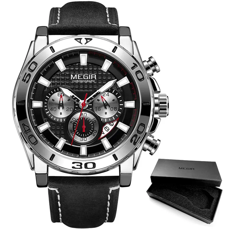 ML2094G-Silver MEGIR мужской кожаный ремешок армейские спортивные кварцевые часы водонепроницаемый светящийся хронограф наручные часы мужские Relogios часы 2094 черный - Цвет: ML2094G-Silver