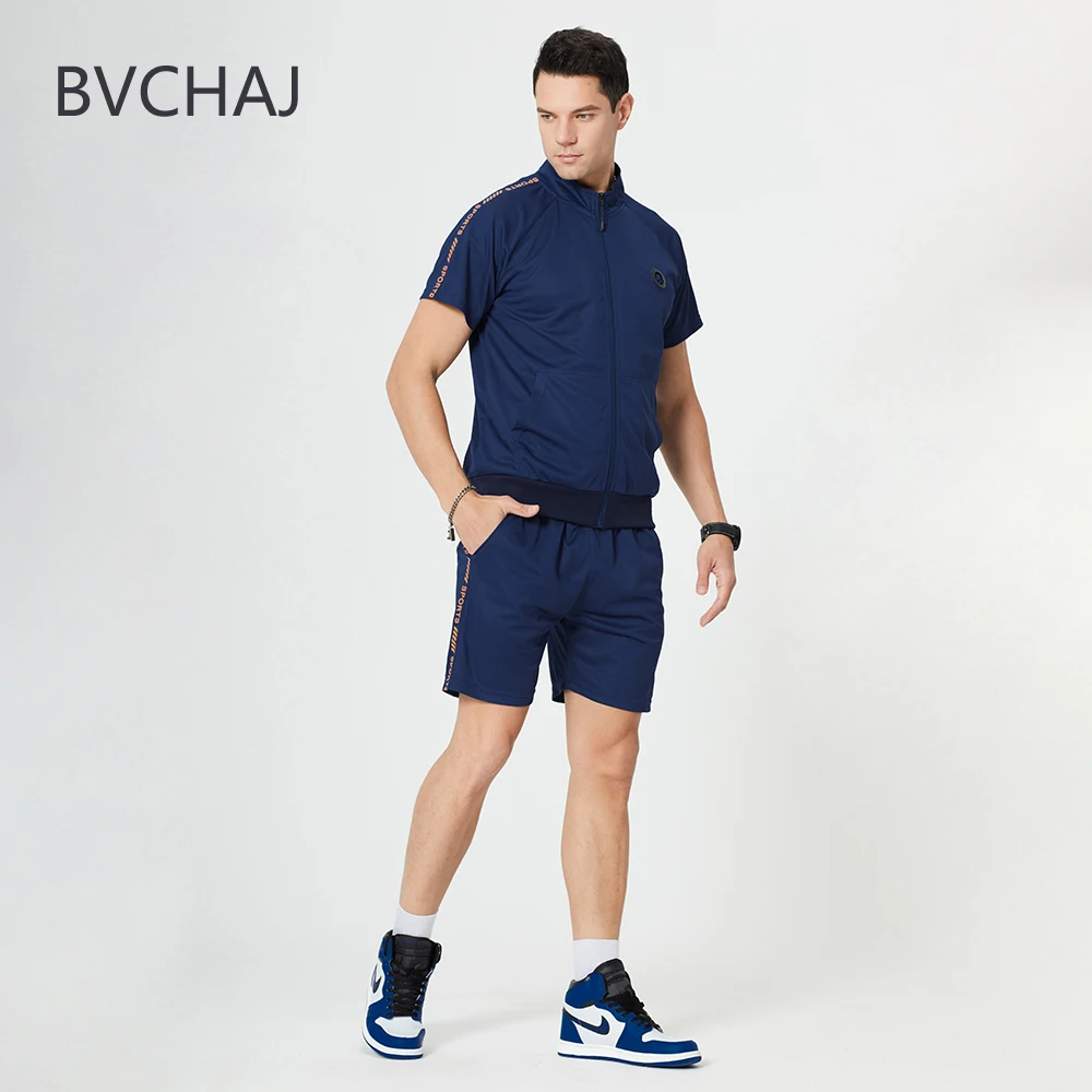 

Summer Men's Sports Suit Jogging Short Sleeve Zipper T-Shirt + Fitness Track Shorts Fast Dry Fashion Sportswear Men's Clothing