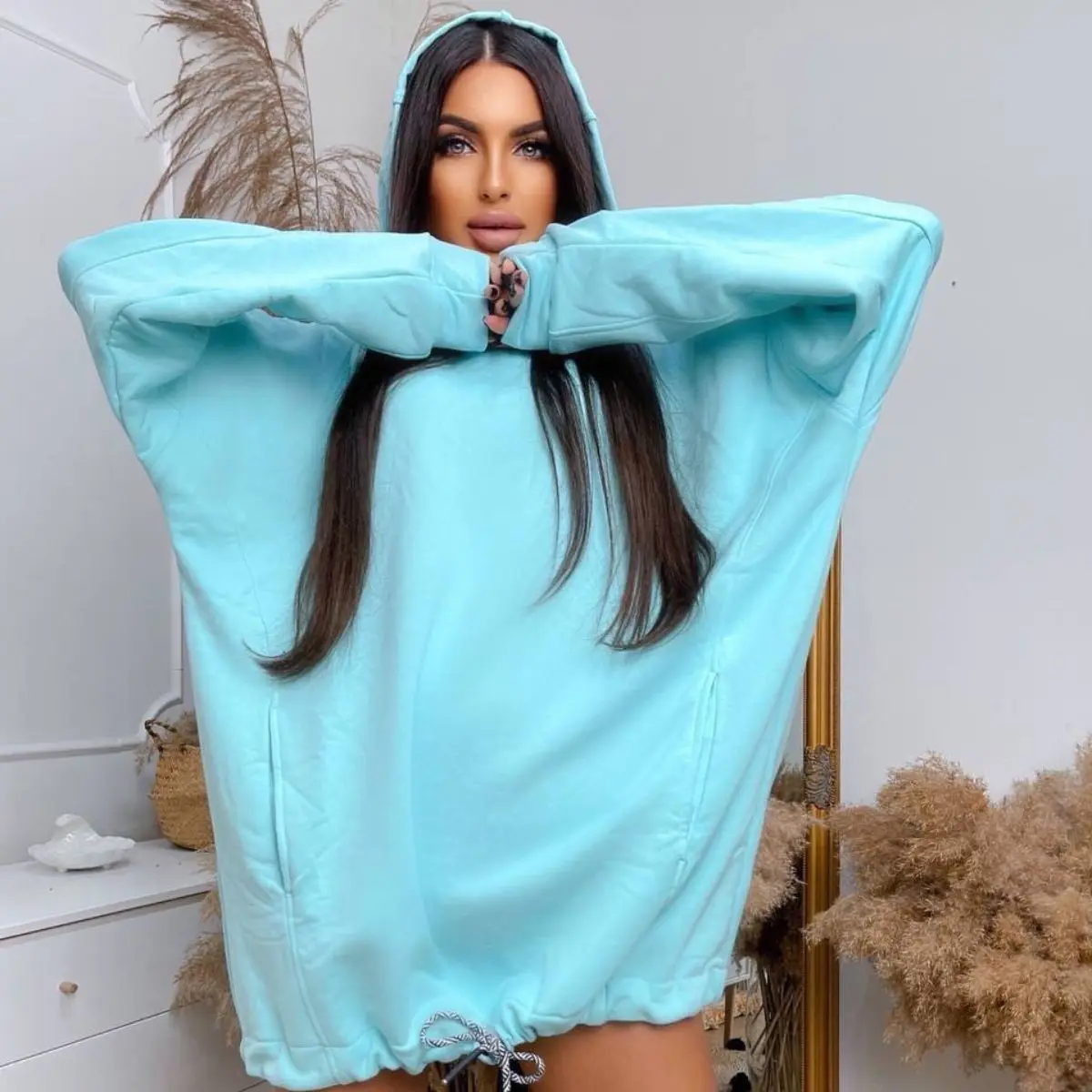 

Sweatshirt Pocket Hoodies Women Oversize Harajuku Loose Pink Kawaii Long Sleeve Casual Hoodie Pullover 2021 Spring Streetwear