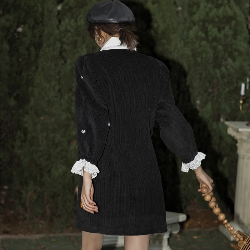 

2021 Spring Patchwork French Retro Pearl Buttons Women's Dress Long Lantern Sleeve Lace Edge Vestido Elegant Sweet Vestido Mujer