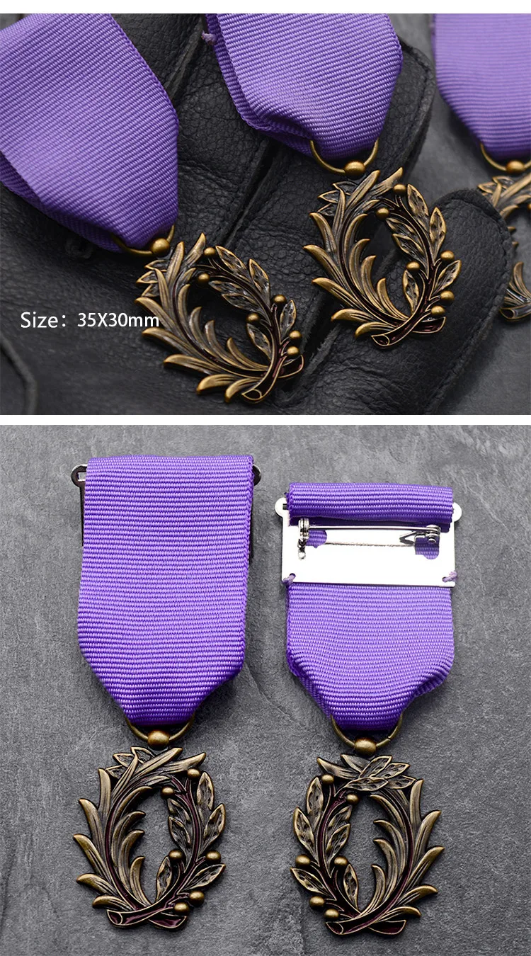 Exquisite France Palm Leaf Purple Knight Medal Highest Honor Medal For Cultural Education Brooch Pin Collection Wear Accessories