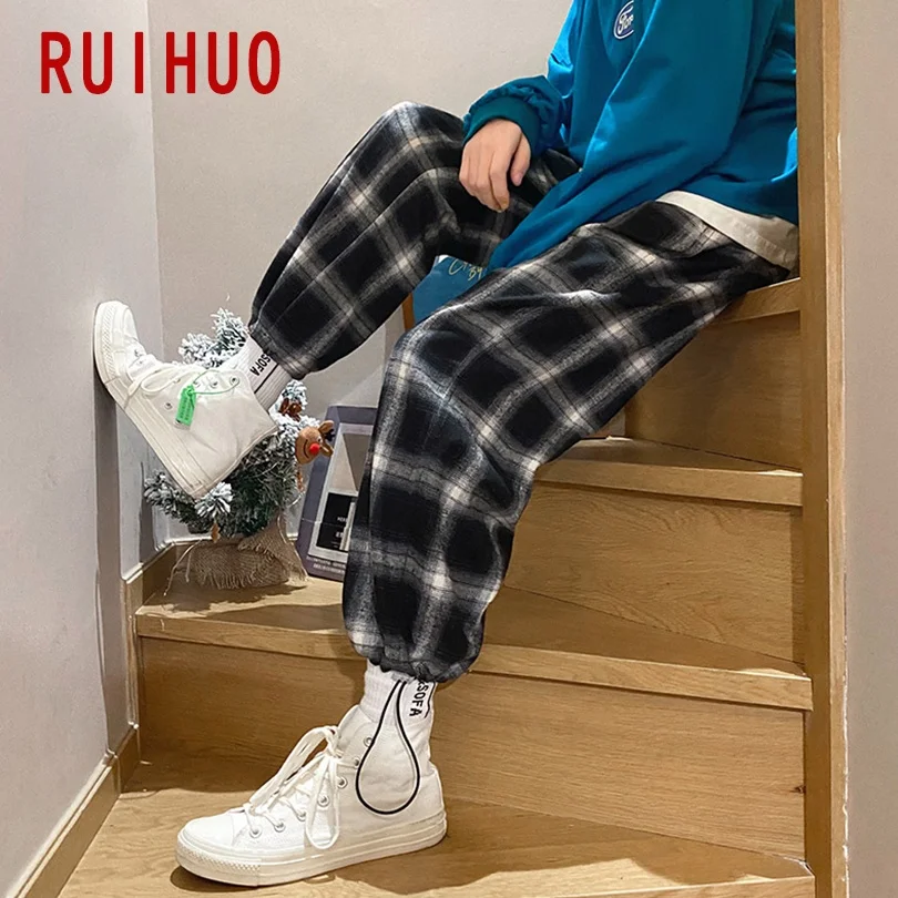 Повседневные мужские клетчатые брюки RUIHUO мужская одежда в стиле Харадзюку