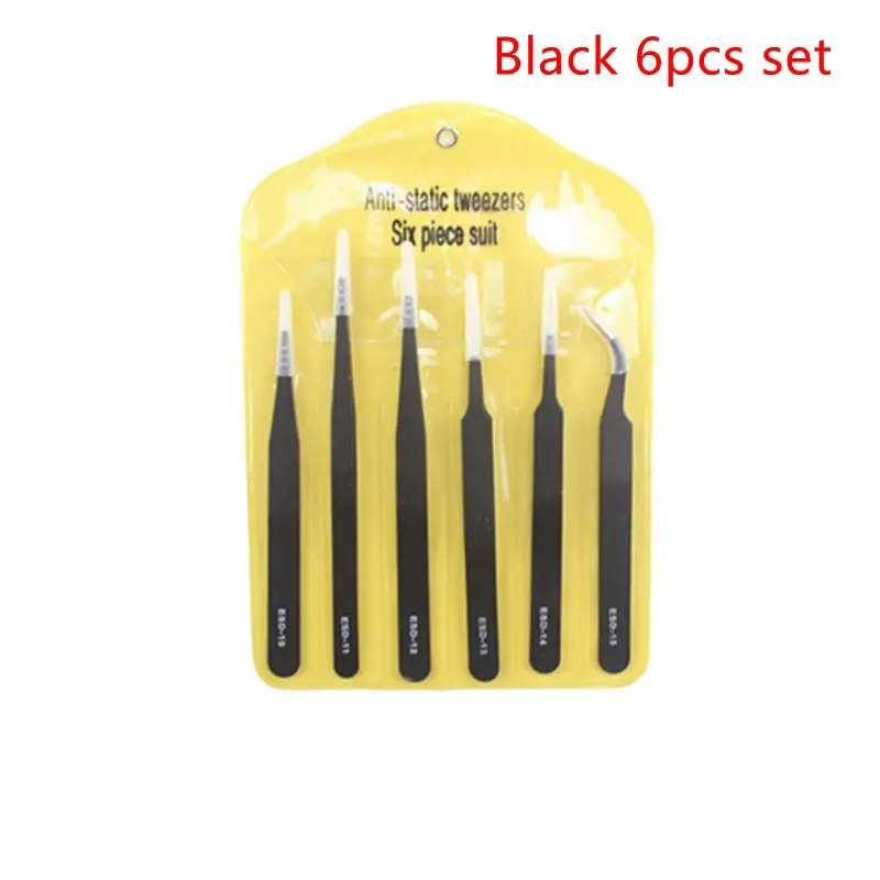 Black 6pcs set 2, 6 штук в партии, ESD анти-статические Нержавеющая сталь Пинцет Набор Электроника техническое обслуживание набор инструментов для ремонта точность изготовление модельного ряда, набор ручных инструментов - Тип головки пинцета: Black 6pcs set