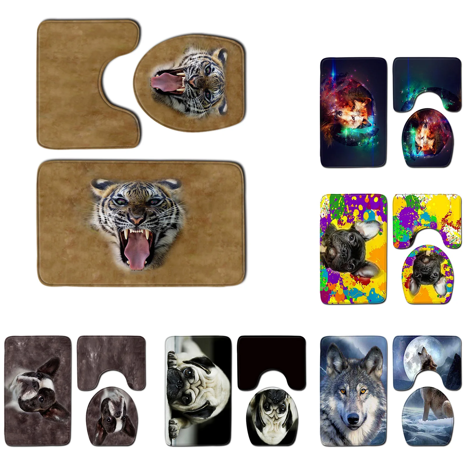 

3 Pcs/Set Animal Pattern Tiger / Wolf / Dog Non-Slip Bathroom Mat Set Bathroom Rug U-Shaped Toilet Mat Lid Cover