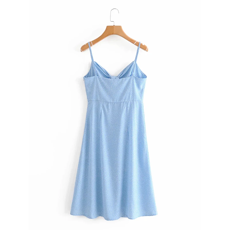 Za – robe à pois pour femmes, imprimé Midi, fendue, sans manches, bleu, Camisole, Sexy, nœud, taille haute, plage