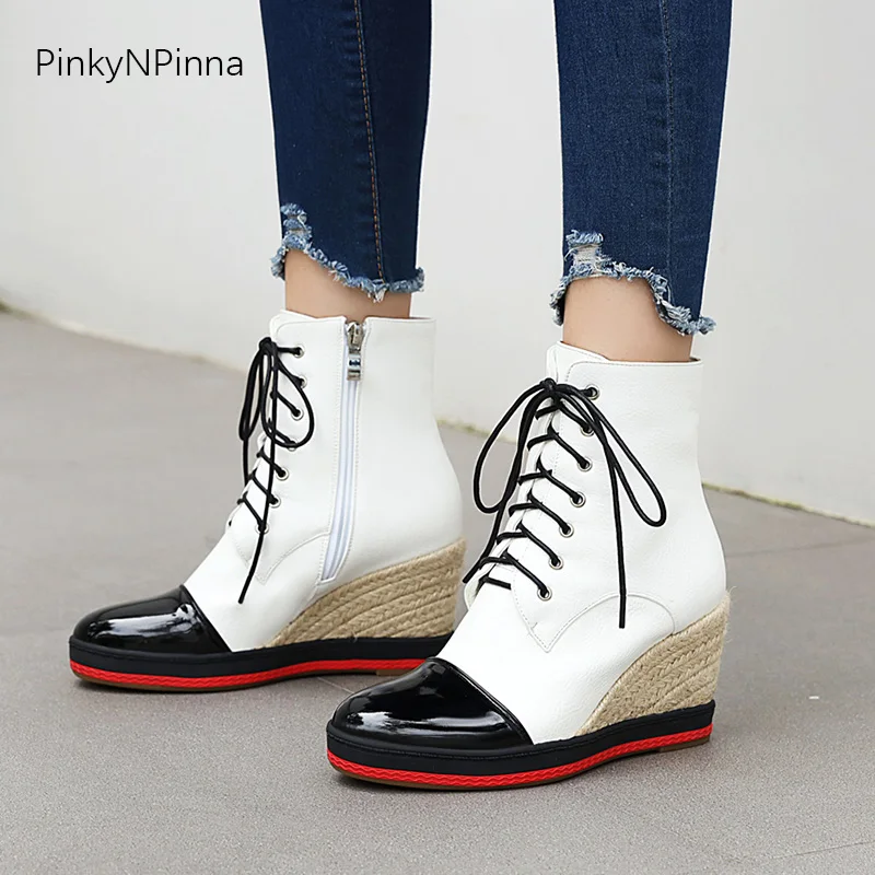

winter shining super high wedges heels women ankle boots black white plush lining runway style platform short booties plus size