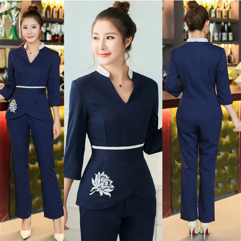 Navy Blue Высокое качество 2 шт набор женский стоматолог больница спа униот салон красоты Бар комбинезоны массаж вышивка v-образным вырезом Рабочая форма - Цвет: Navy Blue