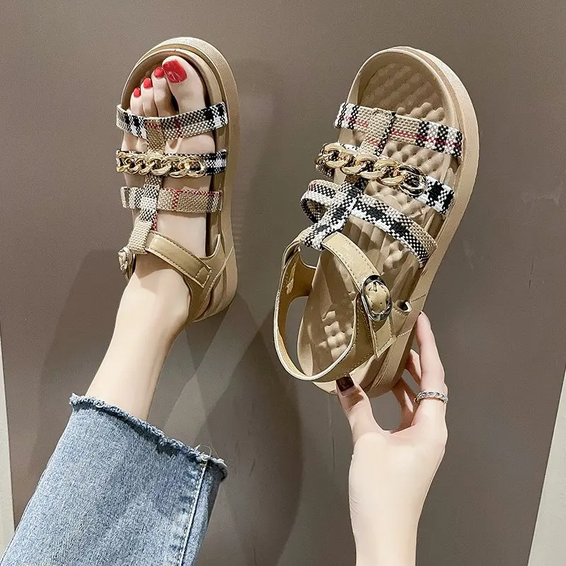 

New Brand Design Womens Sandals Fashion Peep Toe Metal Chain Sports Sandals Shoes Women Sandalias Wedges Platform Beach Sandals