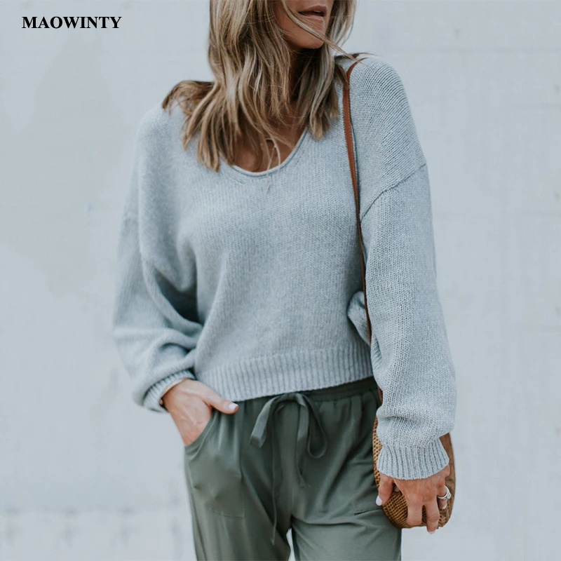 Knitted Women's Sweater Casual Streetwear Solid V Neck Long Sleeve Pullovers Woman Winter 2019 Feminine Coat Pull Femme | Женская