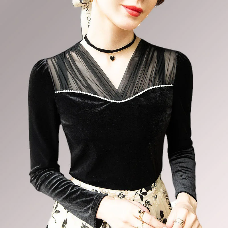 

Женская бархатная футболка с V-образным вырезом, однотонные женские футболки с рукавом до локтя, женская одежда на весну и осень, Универсаль...