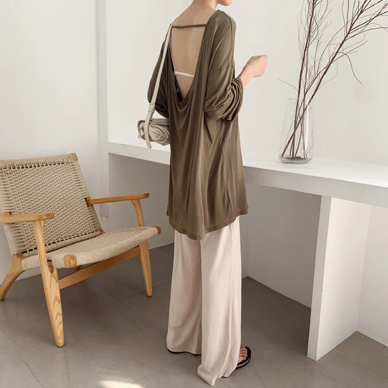 Весна-лето Женская шикарная свободная футболка с открытой спиной + широкие брюки