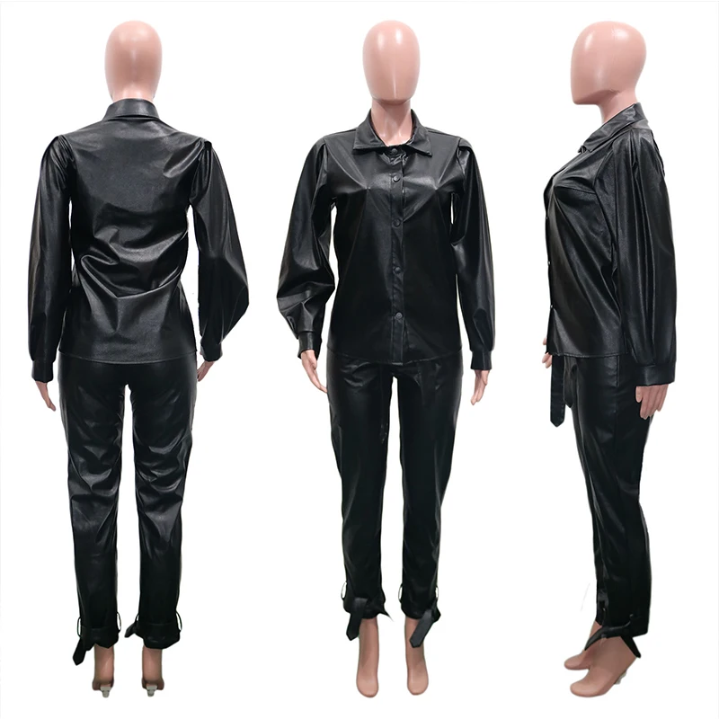 

TNNAOFF Sexy Pu Leather Two Piece Set for Women Long Sleeve Button Coats 2021 Fashion Bandage Motorcycle Trousers Club Outfits