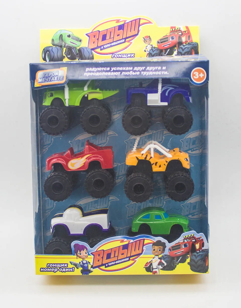 With original box 6 шт./компл. Blaze Monster Machines автомобильные игрушки русские чудо-дробилки грузовой автотранспорт фигурка сверкающие игрушки для детей рождественские подарки - Цвет: With original box