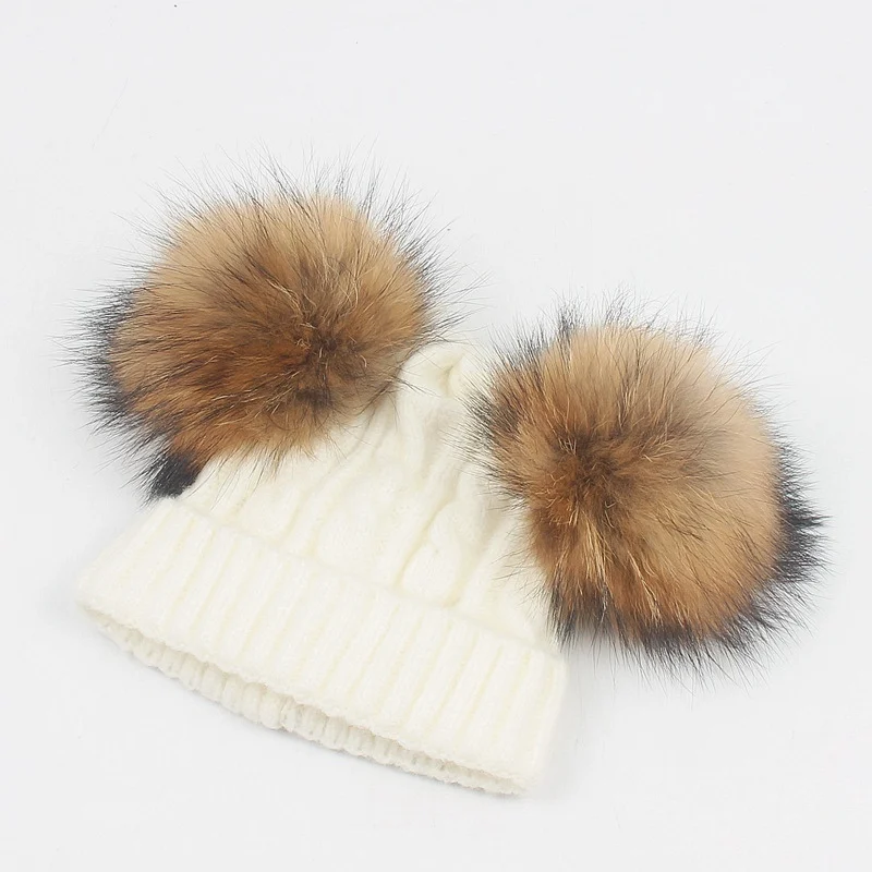 Winter Kids Hat Real Fur Warm Cute Casual Baby Boys Girls Caps Children 2 Pompom Ball For 6M-3Year Hats | Детская одежда и обувь