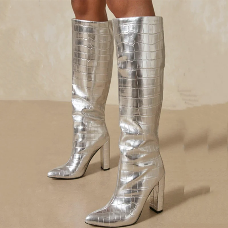 Trendy Gold Silver Shoes Boots High Chunky Heel Knee High Boots for Women Stone Print Slip-on Size 43