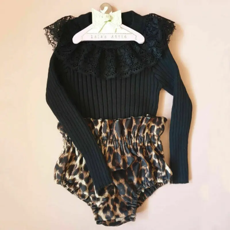 Autumn Newborn Baby Girl Clothes Lace Knitted Romper Leopard Shorts Pants Outfit | Мать и ребенок