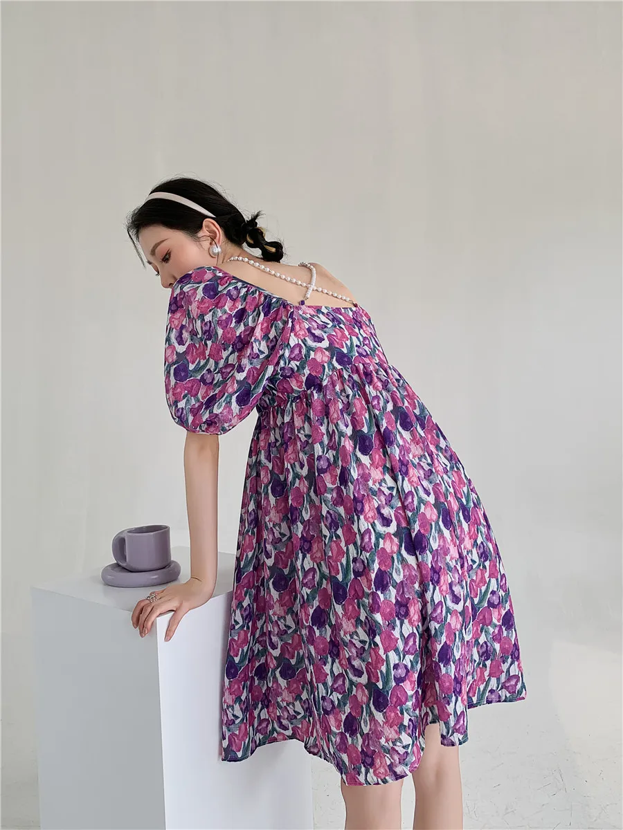 

summer French style purple retro beach midi dress for women 2365#