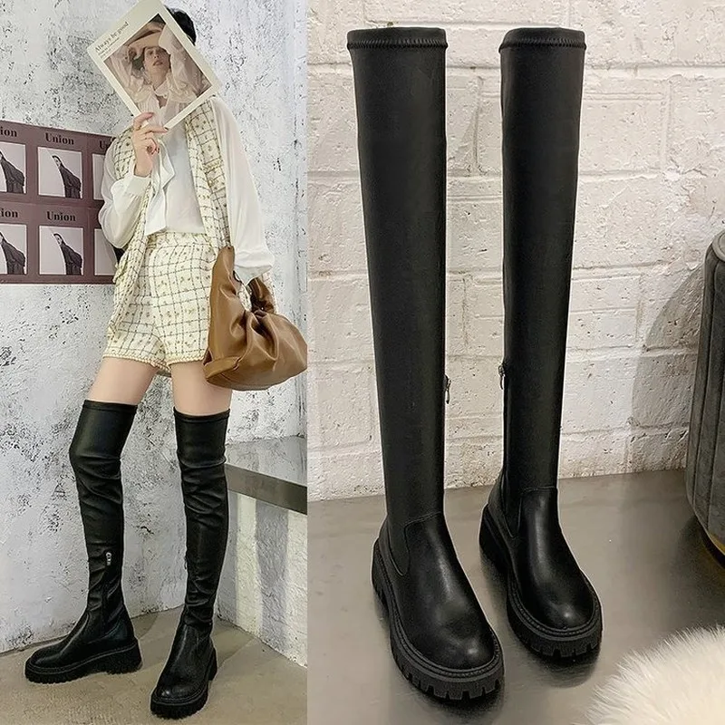 

Women's Shoes Simple Style Popular Cow Leathe Stretch Boots Round Toe High Heels Winter Women Keep Warm Solid Thigh High Boots