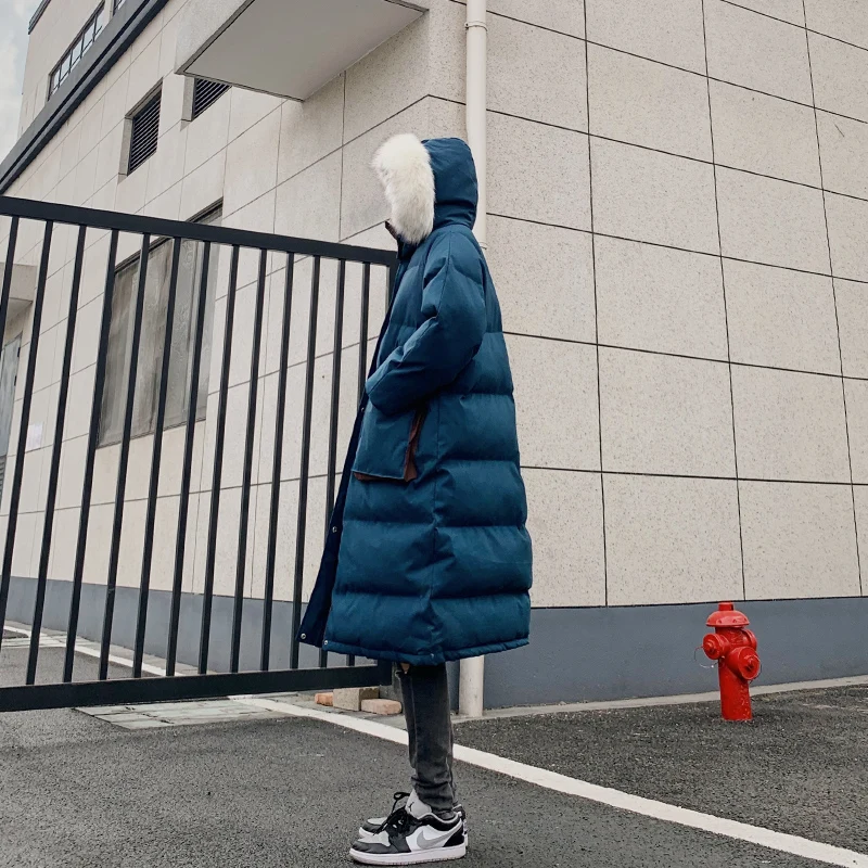 Contrast Color Large Fur Collar Cotton Coat Men's Winter Thick Coat Long Loose Cotton Coat Warm Hooded Cotton-Padded Jacket