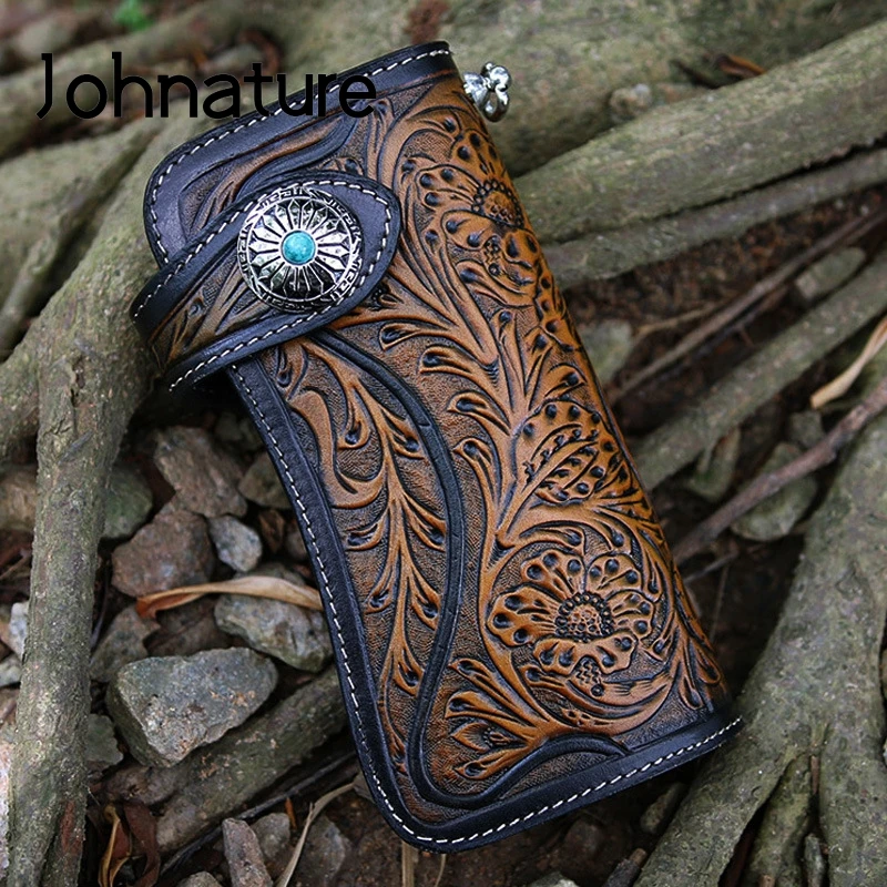 Johnature Genuine Leather Handmade Craved Luxury Wallet 2022 New Vintage Floral Hasp Men And Women Long Wallets Card Holder