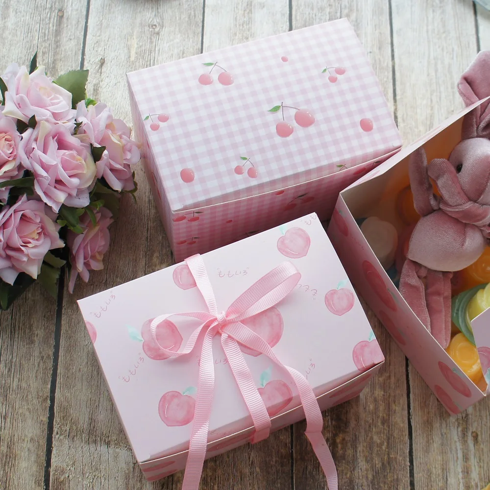 pink cherry peach Design 10pcs 15*10*9 Cm Paper Box Candy Cookie Jar Candle Birthday Wedding Party DIY Gift Packaging