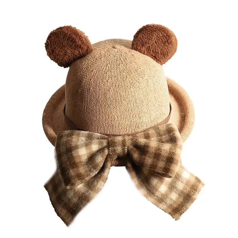 

Bear Fisherman's hat Autumn Winter Sweet Cute All-match Crimping Top Hat Japan Handmade Plaid Bowknot Ornaments Bear Ears Hat