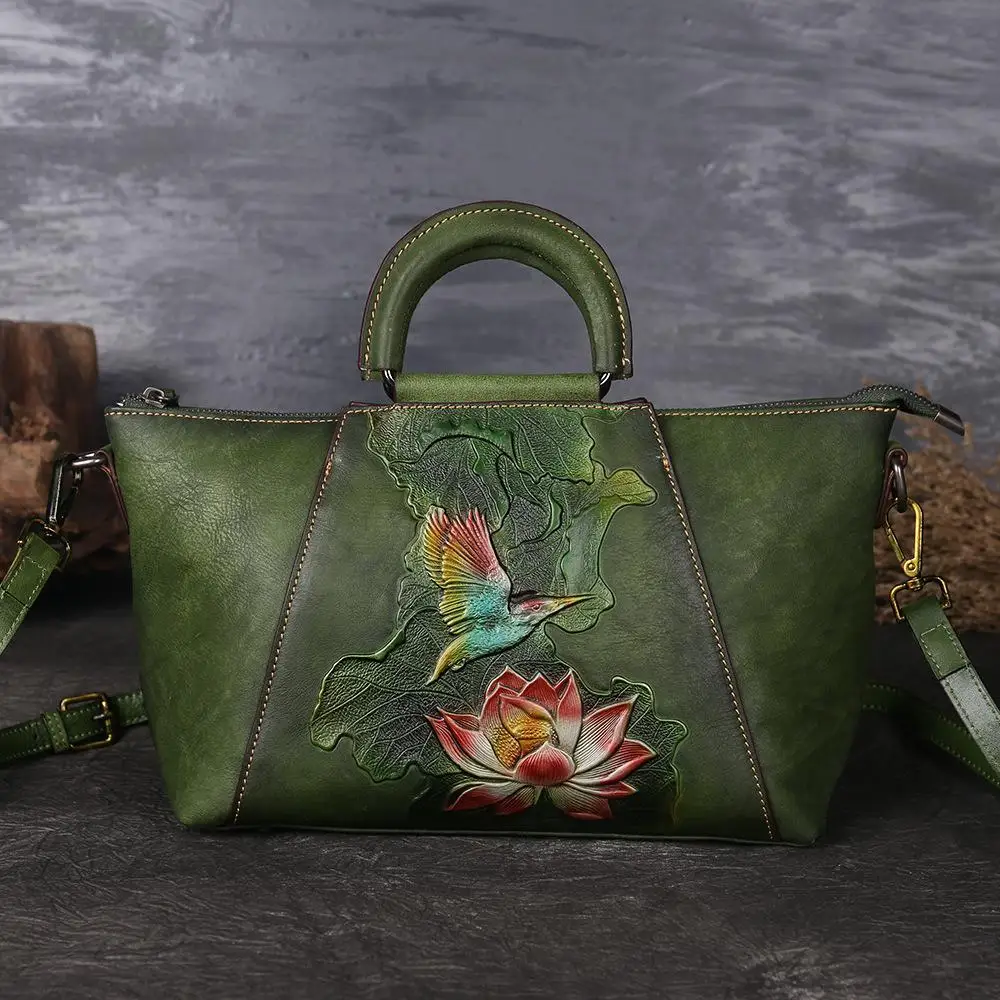 

2021 Luxury Large Bag Handmade Embossed Flower Retro Women Handbag Ladies Genuine Cow Leather Shoulder Messenger Bag Sac A Main